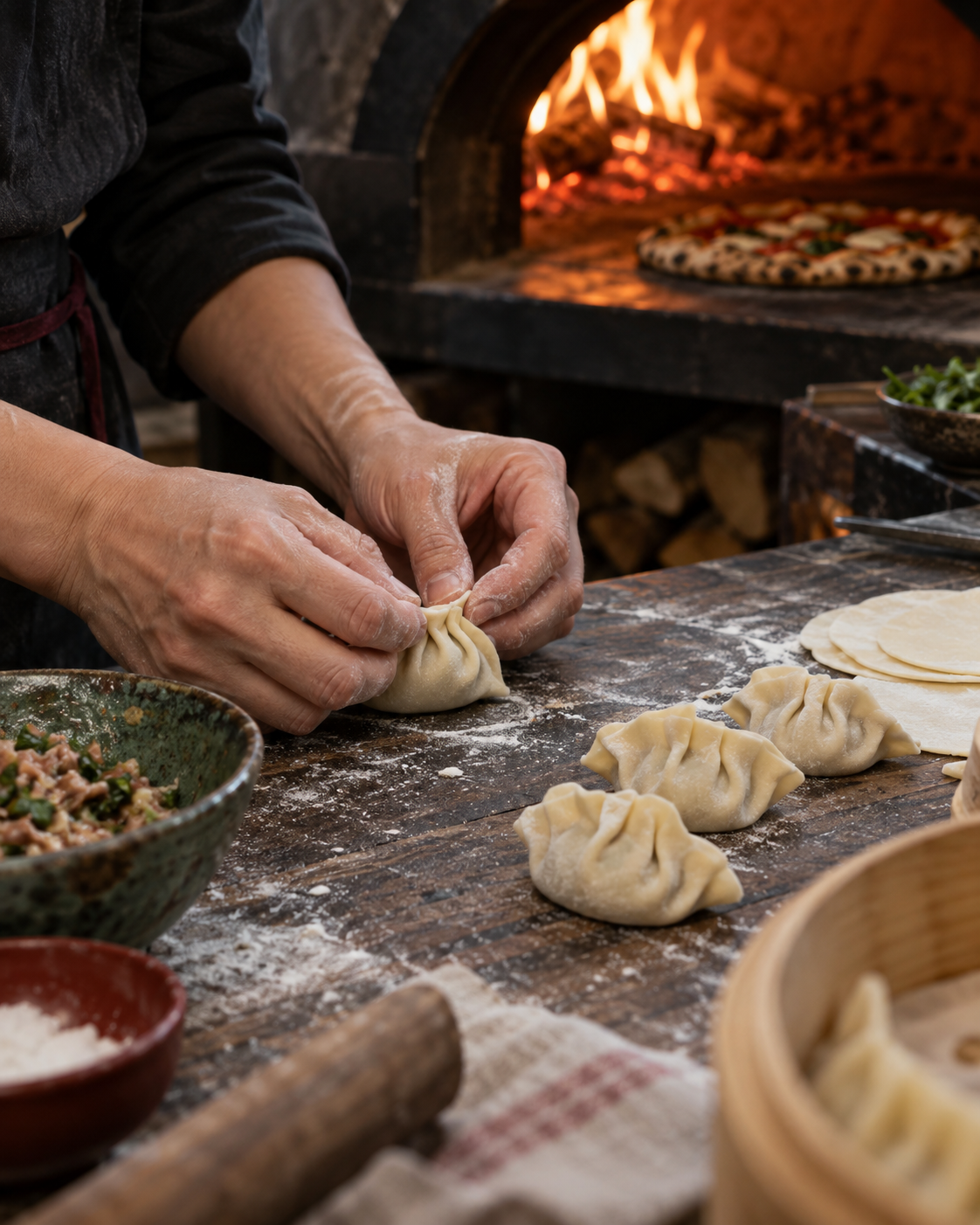 Mani che chiudono un raviolo, con un forno da pizza sullo sfondo, in un’immagine illustrativa originale